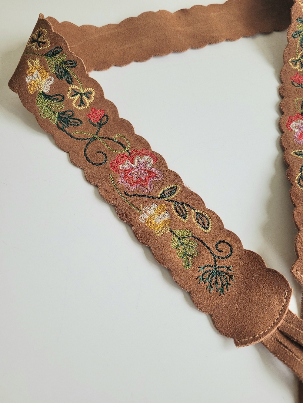 Western Boho Embroidered Suede Fringe Tie Belt - Tan - Picture 6 of 7